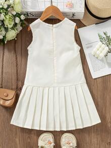 SHEIN Young Girl Round Neck 3D Floral Decor Pleated Fashionable Chic Party/Vacation Dress - Apricot - View 2