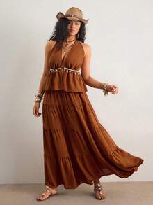 Freevana 大码女式夏季性感沙滩度假亮片拼接露背吊带上衣和层叠裙摆半身裙两件套 - 咖啡棕 - 查看 4