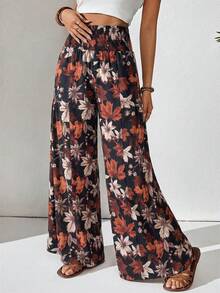 SHEIN Holidaya Women's Black Floral Boho Smocked High Waist Pants,Autumn Leaf Print Wide Leg Long Trousers,Casual Holiday & Vacation Fashionable Summer Pants - Black - View 5