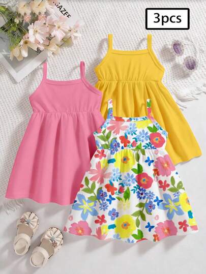 SHEIN 3pcs/Set Baby Girl/Unisex Infant Toddler 0-3 Years Floral Print Spaghetti Strap Dress & Solid Color Ruffle Hem Dress, Casual Countryside Style Summer Outfit