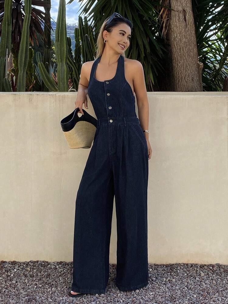 Women's Stylish Halter Neck Casual Denim Jumpsuit And Overalls Vacation Spring