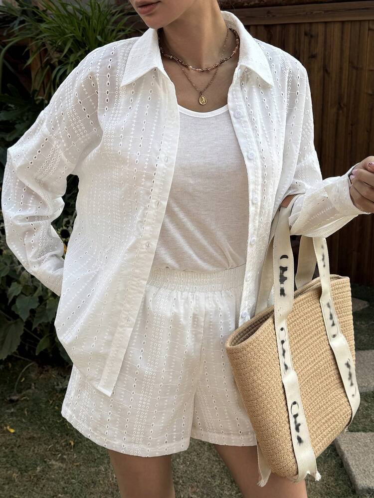 Women's Lace Textured Loose Collar Long Sleeve Shirt And Elastic Waist Bermuda Shorts 2 Pieces Vacation Set