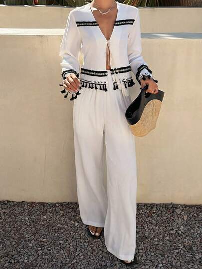 Livesso Carnival Vacation Spring Black & White Patchwork Tassel Hem Top And Casual Pants 2-Piece Set For Women