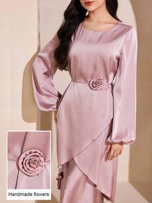 Graceveil Elegante Damen Bluse aus Acetat-Satin mit 3D Blumen Dekor, Bindegürtel und asymmetrischen Ärmeln - Pink - Übersicht 5