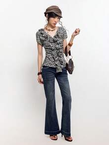 Retro Plaid Print Ruffle Hem Stretchy Fitted Blouse - Grey - View 6