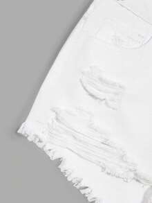 SHEIN EZwear 女士休闲时尚街头风日常通勤百搭做旧毛边白色牛仔短裤，夏季 - 白色 - 查看 5