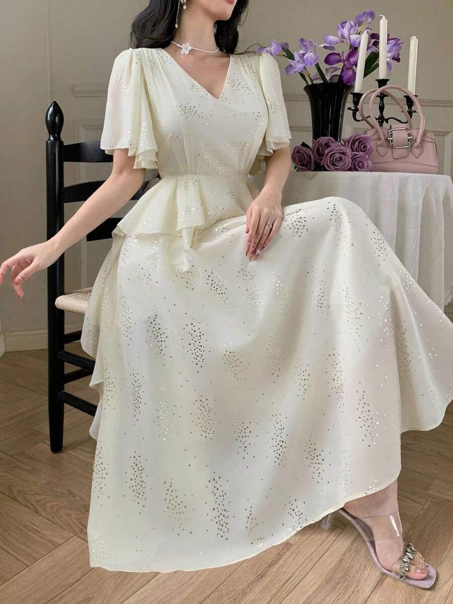 DAZY Women's V-Neck Shiny Fabric Waist Cinched Ruffle Sleeve Maxi Elegant Dress - Beige - View 1