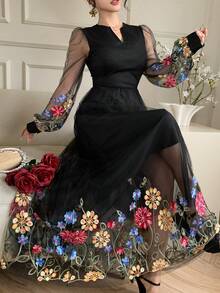 DAZY Women's V-Neck Cinched Waist Floral Embroidered Dress, Elegant Holiday Style Sundress - Black - View 5