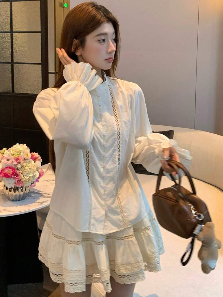 Women's Elegant Stand Collar Ruffle Sleeve Contrast Lace Blouse And Skirt 2-Piece Set, Suitable For Spring, Summer And Autumn, Suitable For Daily Wear And Commuting