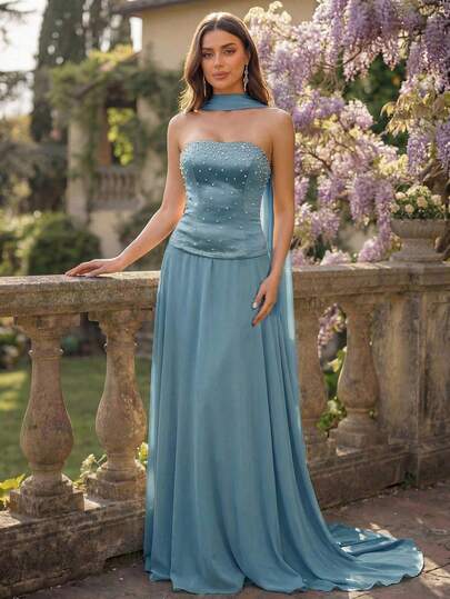 Coutiva Elegant Luxury Pearl Decor Sleeveless Cocktail Dress Evening Gown Gala Evening Gown Dusty Blue Formal Dress Gala Dresses
