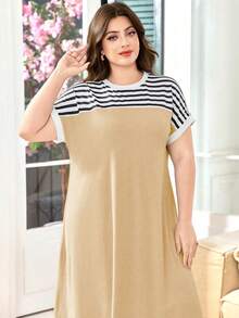 SHEIN Lacomfia Plus Size Women Patchwork Striped Round Neck Short Sleeve Casual Loose Dress - Khaki - View 6