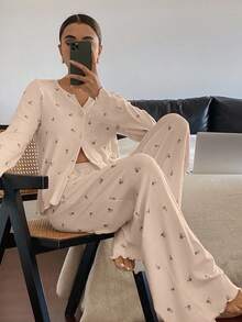 DAZY 两件套女士春季可爱蝴蝶结装饰长袖开衫上衣和宽松直筒长睡裤睡衣套装 - 粉色 - 查看 5