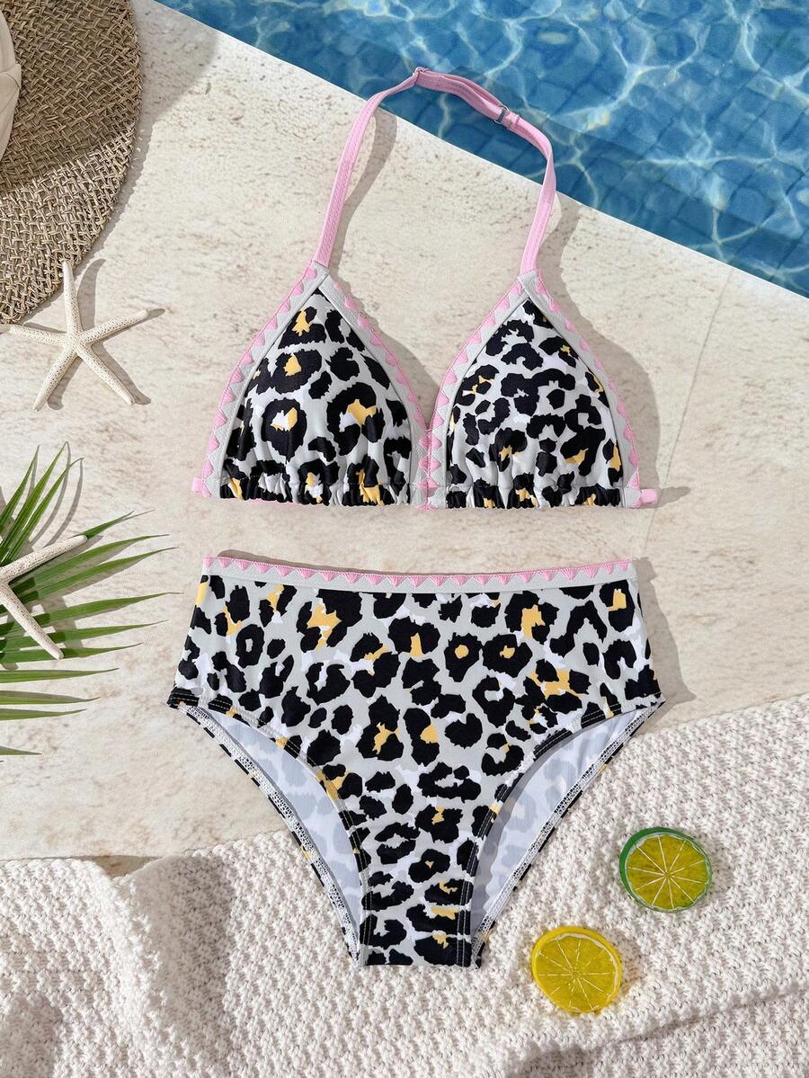 Leopard Print Floral Trim Tween Girl 2 Pieces Swimwear Set, Suitable For Vacation, Beach, Swimming Pool, Party - Multicolor - View 1