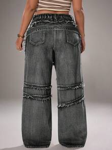 Jeanoix Plus Size Fashion Fringe & Belt Decor Denim Jeans, Suitable For Everyday Wear - Grey - View 2
