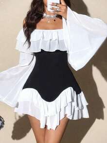 Elenzga 大码女式优雅浪漫性感黑白拼接飘逸雪纺露肩荷叶边下摆弹力修身长袖喇叭袖迷你连衣裙，春秋季 - 黑與白 - 查看 4