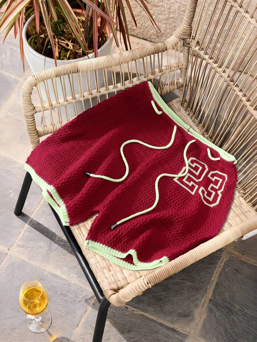 Manfinity Swimmode Men's Numeric Print Contrast Trim Drawstring Waist Casual Shorts - Red - View 1