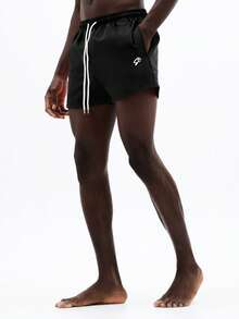 SUMWON Men's Forest Green Drawstring Beach Shorts With Contrast White Side Stripes Summer Swim Trunks Elastic Waist Quick Dry Casual Beachwear Vacation Resort Pool - Black - View 1