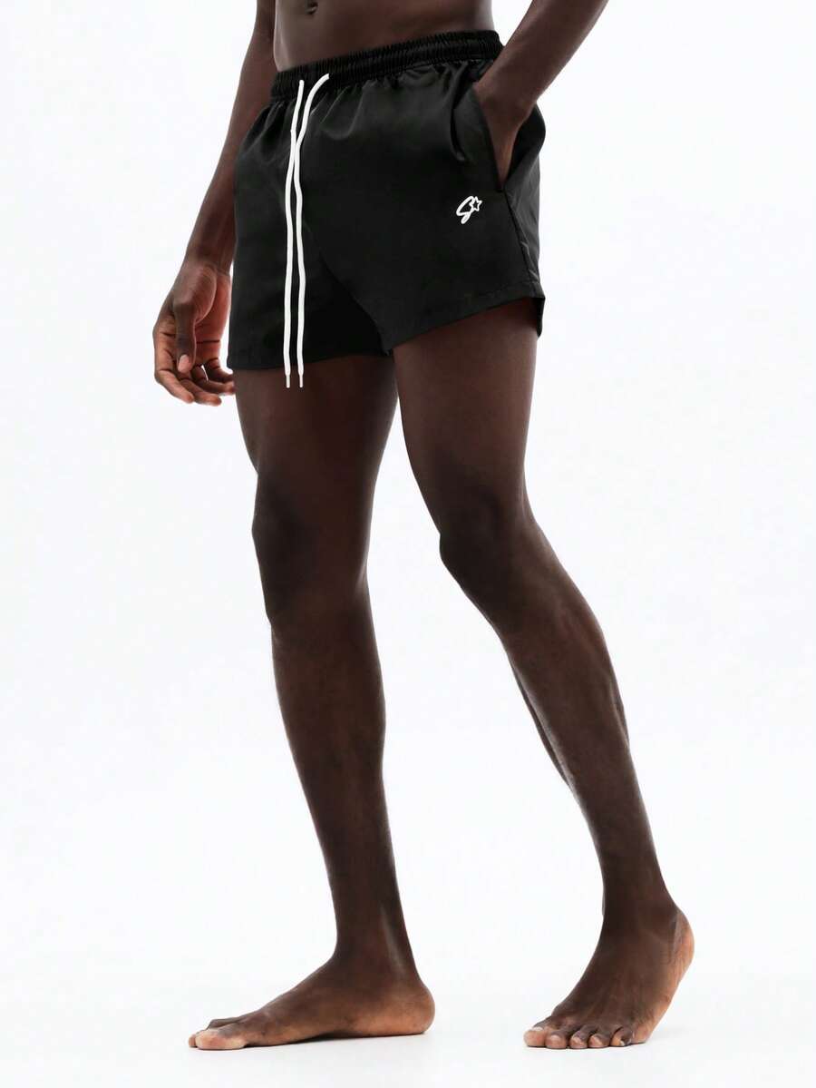 SUMWON Men's Forest Green Drawstring Beach Shorts With Contrast White Side Stripes Summer Swim Trunks Elastic Waist Quick Dry Casual Beachwear Vacation Resort Pool - Black - View 1