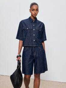 ATUI Studio Women's Solid Color Minimalist Daily Wear Short Sleeve Top And Shorts Denim Set - Navy Blue - View 3