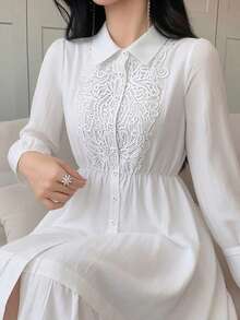 DAZY Robe chemise blanche à empiècement en dentelle, style mode décontractée et bureau, pour le printemps et l'été. Robe longue et ample, robe d'été pour femmes - Blanc - Voir 3