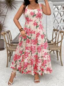 Ceyna Robe longue à volants avec imprimé floral, bretelles spaghetti et buste réglable pour femmes grandes tailles - Multicolore - Voir 9