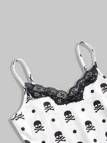 ROMWE Y2K 复古音符和钢琴键盘印花紧身蕾丝边吊带背心三件套 - 彩色 - 查看 3