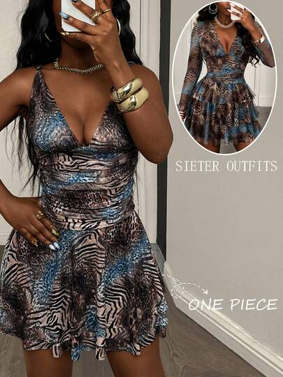 Eryvara Women's Spring/Summer Sheer Leopard/Animal Print Short Dress With Double-Layer Ruffled Hem, Spaghetti Strap Bustier Dress,Fashionable And Elegant, It Is Suitable For Daily Wear, Weddings, Banquets, Daily Commutes, Graduation Parties, Festival Events, VacationFashionable And Elegant, It Is Suitable For Daily Wear, Weddings, Banquets, Daily Commutes, Sexy Vacation Dress