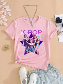 Camiseta de manga corta con cuello redondo y estampado de letras y personajes de dibujos animados para niñas preadolescentes - Rosa - Ver 5