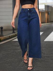 SHEIN ICON Quần jean ống rộng cạp cao thời trang cá nhân hóa mùa đông cỡ lớn cho nữ - Rửa tối - Xem 4