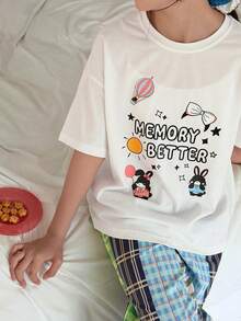 DAZY 少女圆领印花短袖T恤和格子裤家居服套装，秋夏季 - 彩色 - 查看 3