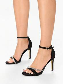 Glitzique Sandalias de vestir de fiesta con tacones altos y pedrería para mujer, tacones gruesos negros con cremallera al estilo romano - Negro - Ver 6