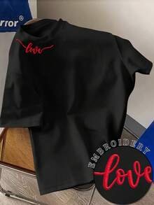 Claim Dot 男士复古美式加州风T恤，红色刺绣领，简约优雅，休闲百搭 - 黑色 - 查看 3