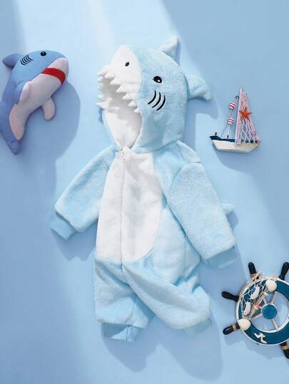 SHEIN Newborn Shark Shaped Outfit, Cute Plush Shark Shaped 3D Hat, Embroidered Shark Face, Long Sleeve Jumpsuit For Baby