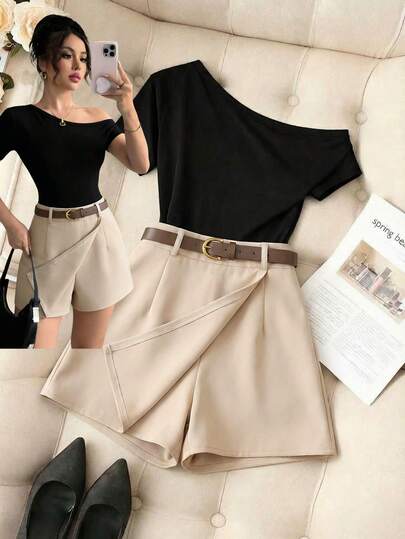 Franclia Women's Two-Piece French Casual Versatile Khaki Skirt And Pants Set, With A Belt, Paired With An Off-Shoulder Short-Sleeved Black T-Shirt, Off-Shoulder Top, Black Two-Piece Set, Casual And Multi-Functional Commuter Wear, Summer Top, Summer Holiday Outfit, Women's Spring Outfit, Women's Beach Vacation Outfit, Women's Summer Outfit, Women's Spring Outfit, Carnival Women's Look, Women's Beach Outfit, Women's Casual Top, Beach Set, Women's Casual Set, Women's Casual Skirt And Pants Set, Women's Luxury Two-Piece Set, Women's Spring/Autumn Two-Piece Set. Suitable For Daily Commuting And Romantic Dates.Fashionable Casual Commuter Wear, Business Office Wear, Versatile And Stylish Everyday Casual Wear, Urban Teacher's Professional Attire