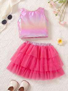 Elladie kids Young Girl Metallic Crew Neck Tank Top And Tulle Skirt Cute 2 Pieces Set - Hot Pink - View 2