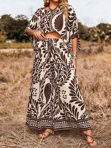 LanaWest 女士复古印花上衣和阔腿裤两件套，夏季 - 棕色 - 查看 4