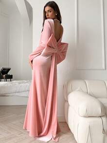 Elenzga 新款欧美风方领高腰修身连衣裙，粉色淑女可爱手工蝴蝶结长袖晚礼服，深V露背派对礼服 - 粉色 - 查看 1