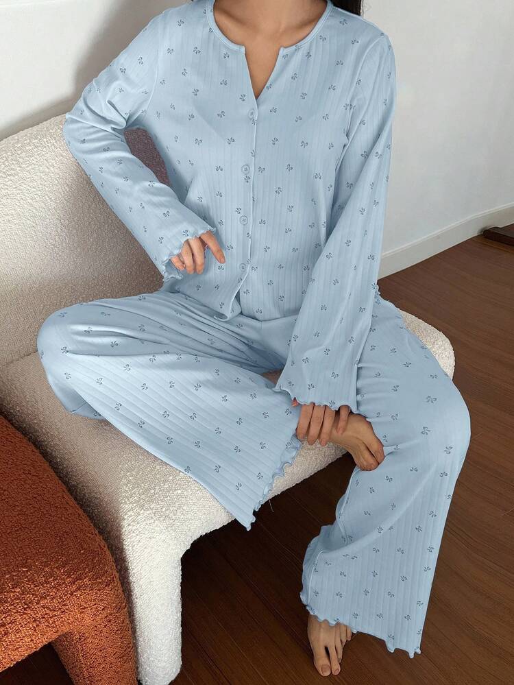 2pcs Bow Tie & Ditsy Floral Knit Cardigan And Straight Leg Pants Pajama Set For Women, Spring