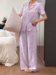 SHEIN Napfluff Conjunto de pijama de mujer con estampado de lazo a rayas en rosa, de manga corta y cuello solapa - Morado - Ver 3