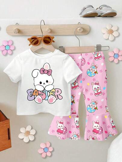 SHEIN 1 Set Baby Girls Casual Cute Easter Bunny Print Short Sleeve Crew Neck T-Shirt And Bunny & Easter Egg Print Bell-Bottom Pants Set, Soft & Comfortable Knit Fabric, Suitable For Spring To Summer Outings