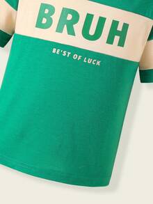 SHEIN Casuvi Kids Young Boy Colorblock Raglan Tee & Striped Shorts Set,Casual American Letter Graphic Comfortable Summer Outfit, Green Sprunki Shirt Kids 2pcs - Dark Green - View 6