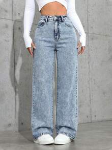 SHEIN ICON 女士休闲百搭日常口袋纽扣喇叭裤 - 淺色水洗藍 - 查看 3