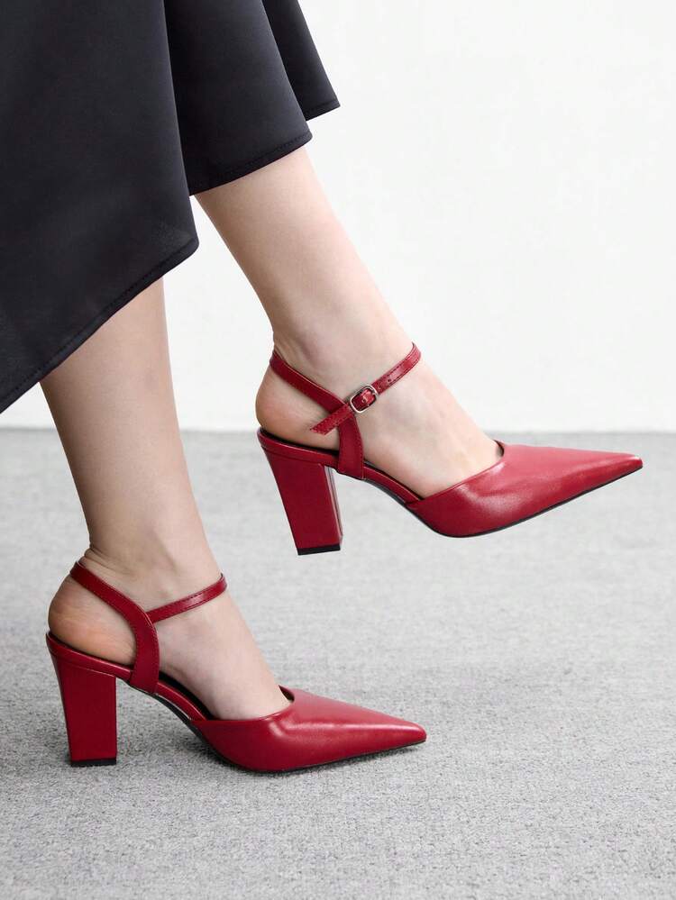 CUCCOO BIZCHIC Women Shoes Women's Pointed Thick High Heel Red Ankle Strap Women's High Heel Shoes Shoes Stylish And Simple Daily Commuter Versatile High Heel Women's Shoes Spring Shoes