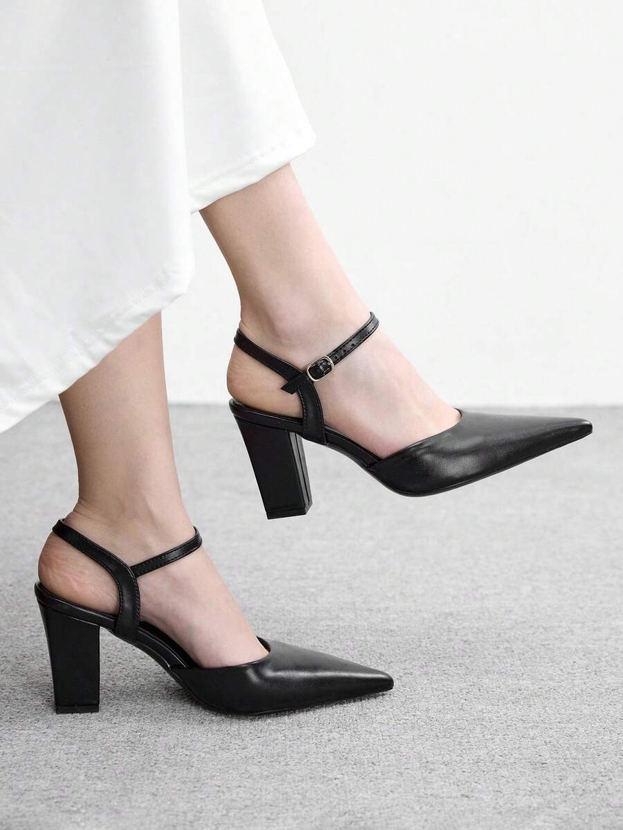 CUCCOO BIZCHIC Women Shoes Women's Pointed Thick High Heel Black Ankle Strap Women's High Heel Shoes Shoes Stylish And Simple Daily Commuter Versatile High Heel Women's Shoes - Black - View 1
