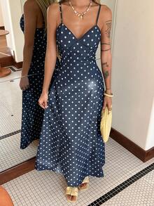 Women's Polka Dot Strap Dress, Elegant Denim Dress For Summer - Dark Wash - View 7