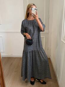 DAZY Đầm dài nữ cổ tròn tay lửng dáng rộng, thắt nơ phía sau, kiểu dáng thường ngày nữ tính. - Đen và trắng - Xem 3