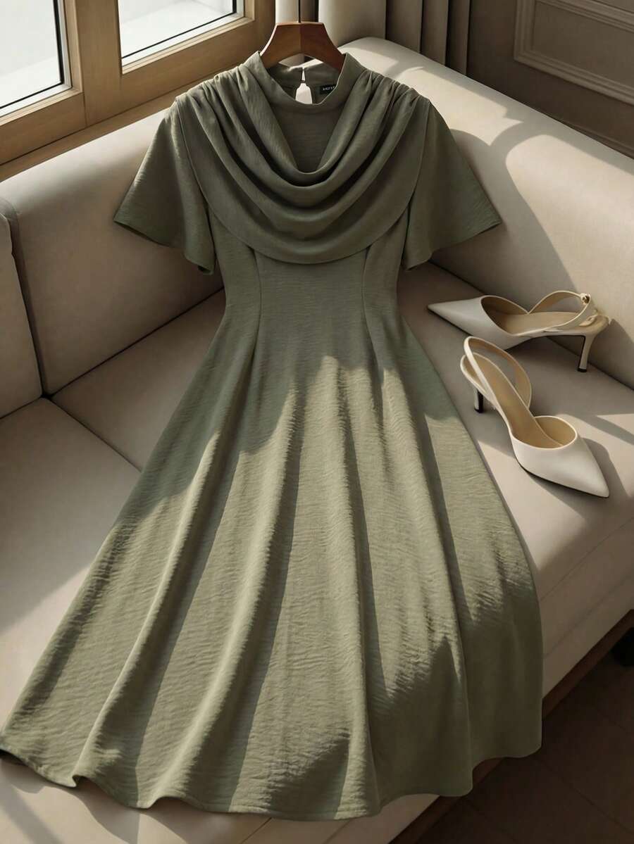 Franclia 女士春夏褶皱优雅连衣裙，适合办公室、休闲、度假、浪漫约会、海滩派对、下午茶等场合，立领，荷叶边装饰，泡泡袖，鱼尾裙摆，修身剪裁。 - 軍綠色 - 查看 1