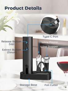 Teckwe 附充電底座電動紅酒開瓶器，無線電動紅酒瓶開瓶器，2合1醒酒器與倒酒器，箔紙切割器，附顯示充電站方便收納，適合婚禮、喬遷、情人節 - 黑色 - 查看 6