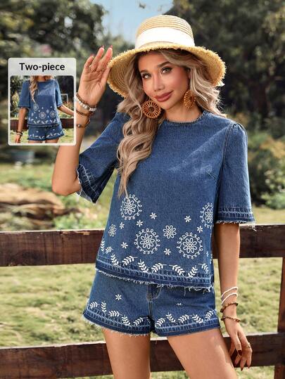 Breezaya Women's Embroidered Round Neck Short Sleeve Top And Denim Shorts Vacation Set