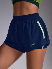 Powerista Quần short thể thao hai lớp dành cho nữ, cạp chun, có khóa kéo và túi. - Màu xanh hải quân - Xem 9